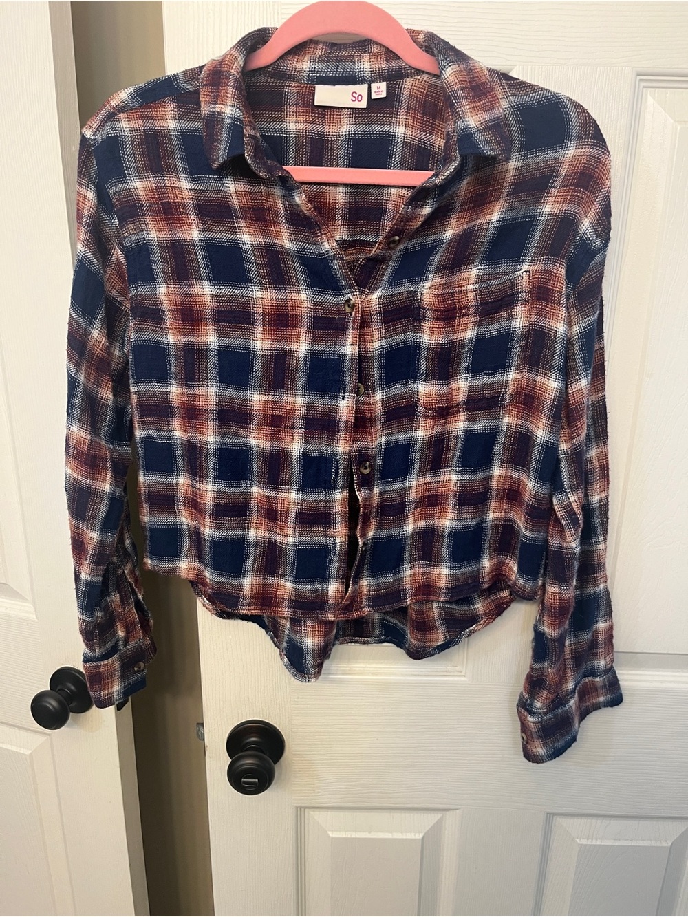 SO Women’s Plaid Shirt in Navy, Rust & Cream size M